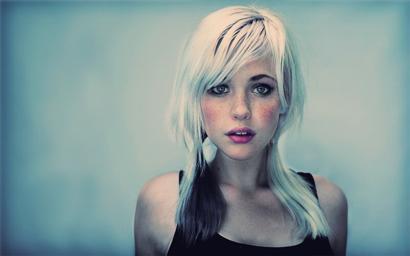 Woman with Blonde Hair — Blue, Neutral, Photograph, Freckles