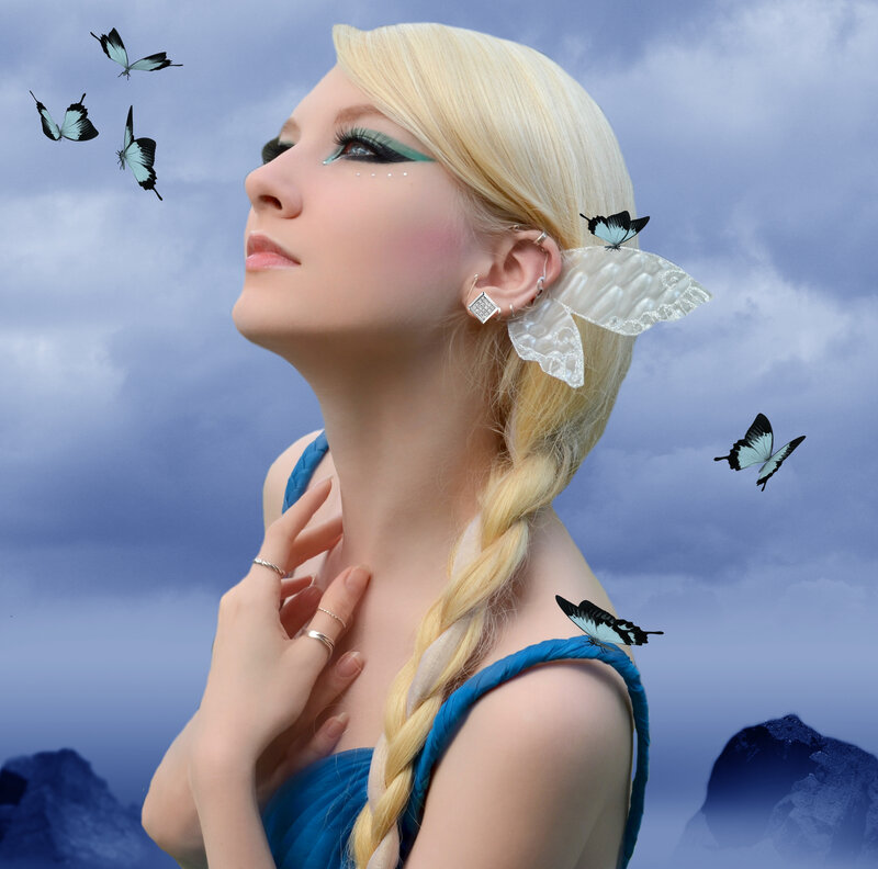 Woman with Blonde Hair — Blue, Serene, Digital Art, Butterflies
