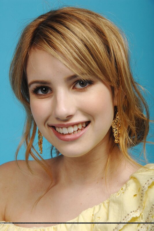 Woman with Blonde Hair — Blue, Smiling, Photograph, Earrings, Yellow Dress