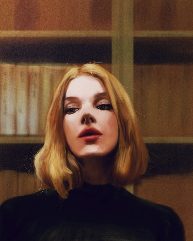 Woman with Blonde Hair — Brown, Contemplative, Digital Art