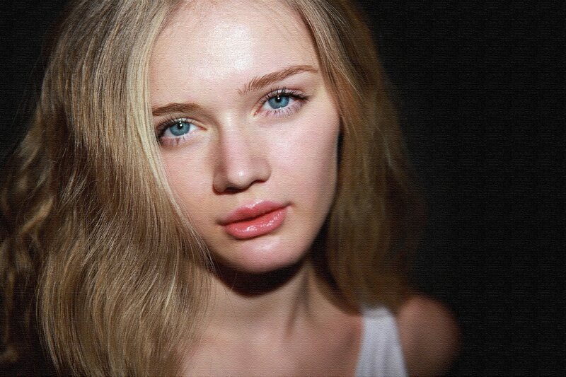 Woman with Blonde Hair — Brown, Dramatic, Photograph, Blonde Hair, Blue Eyes, White Top