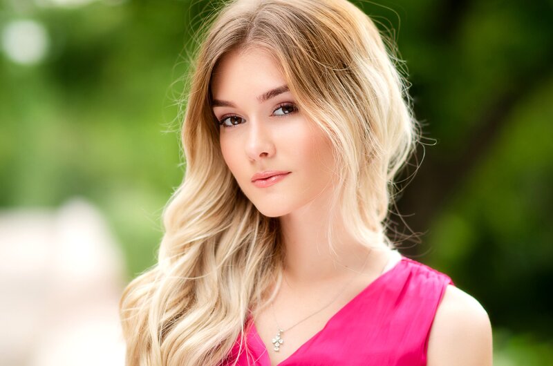 Woman with Blonde Hair — Calm, Afternoon, Photograph, Pink Top, Necklace