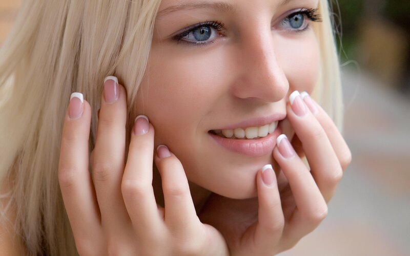 Woman with Blonde Hair — Calm, Photograph, Blue Eyes, Fingers, Smile, Pink, White