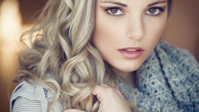 Woman with Blonde Hair — Calm, Photograph, Scarf, Striped Shirt