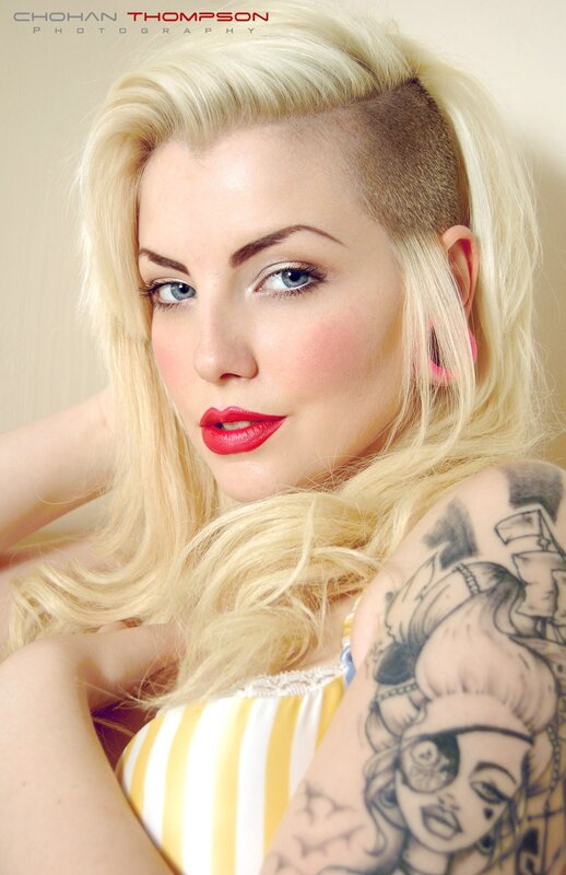 Woman with Blonde Hair — Confident, Photograph, Tattoo, Red Lipstick