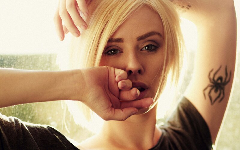 Woman with Blonde Hair — Dramatic, Afternoon, Photograph, Tattoo