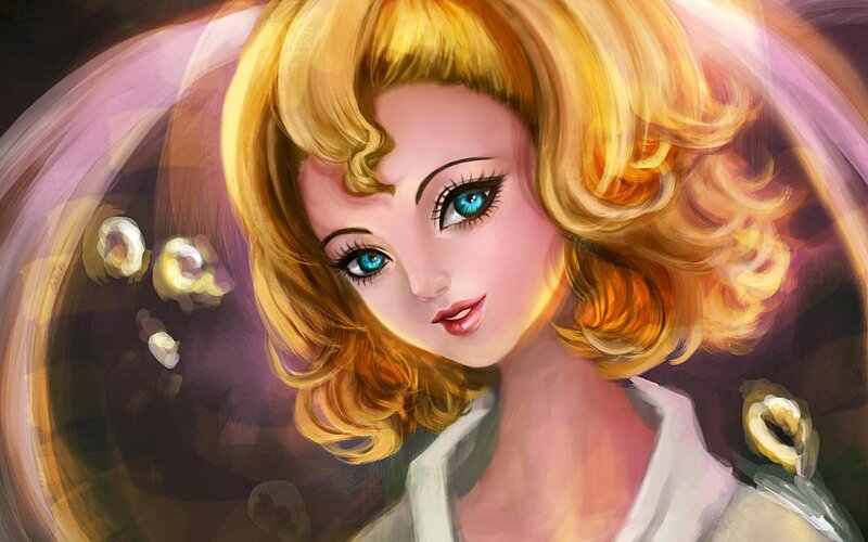 Woman with Blonde Hair — Dramatic, Digital Art, Blue Eyes, Curly Hair