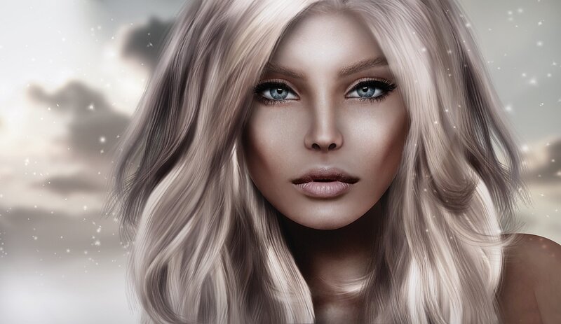 Woman with Blonde Hair — Dramatic, Digital Art, Blue Eyes, Sparkles