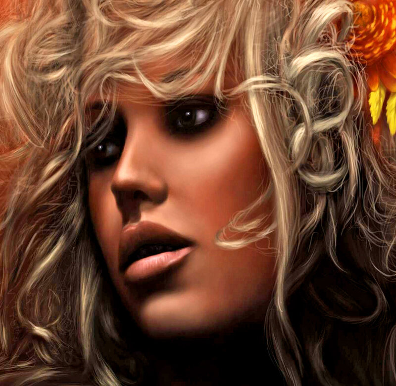 Woman with Blonde Hair — Dramatic, Digital Art, Flowers