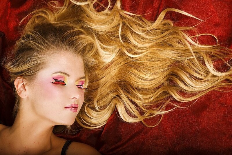 Woman with Blonde Hair — Dramatic, Photograph, Makeup, Red Fabric