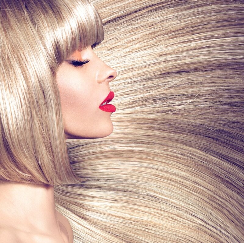 Woman with Blonde Hair — Dramatic, Photograph, Red Lipstick, Bangs