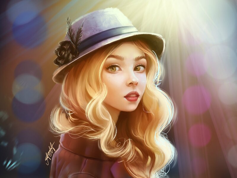 Woman with Blonde Hair — Gold, Dramatic, Digital Art, Hat
