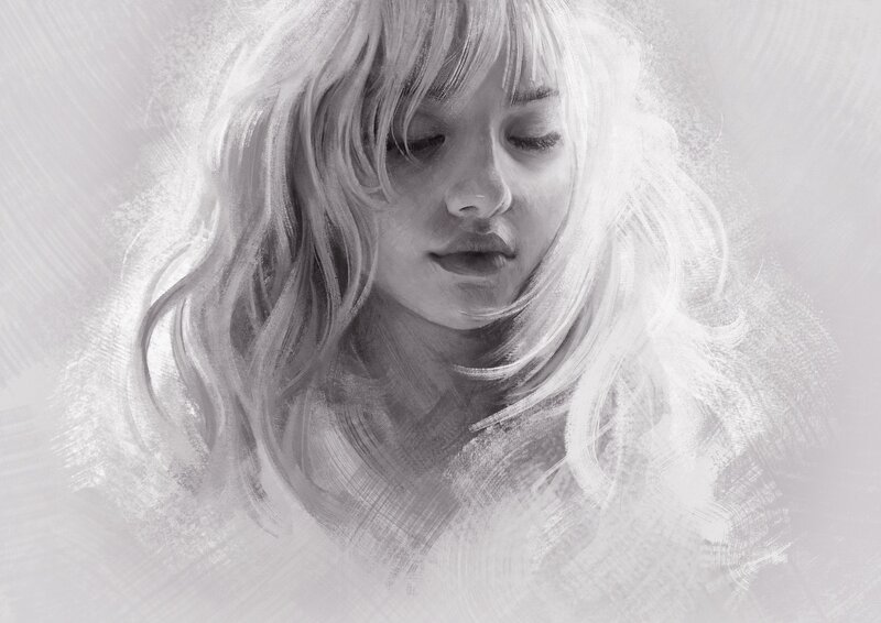 Woman with Blonde Hair — Gray, Contemplative, Digital Art