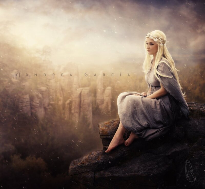 Woman with Blonde Hair — Gray, Dramatic, Digital Art, Rocks