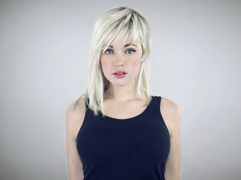 Woman with Blonde Hair — Gray, Neutral, Photograph, Black Tank Top