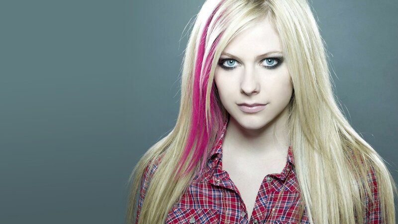 Woman with Blonde Hair — Gray, Neutral, Photograph, Plaid Shirt, Pink Streaks