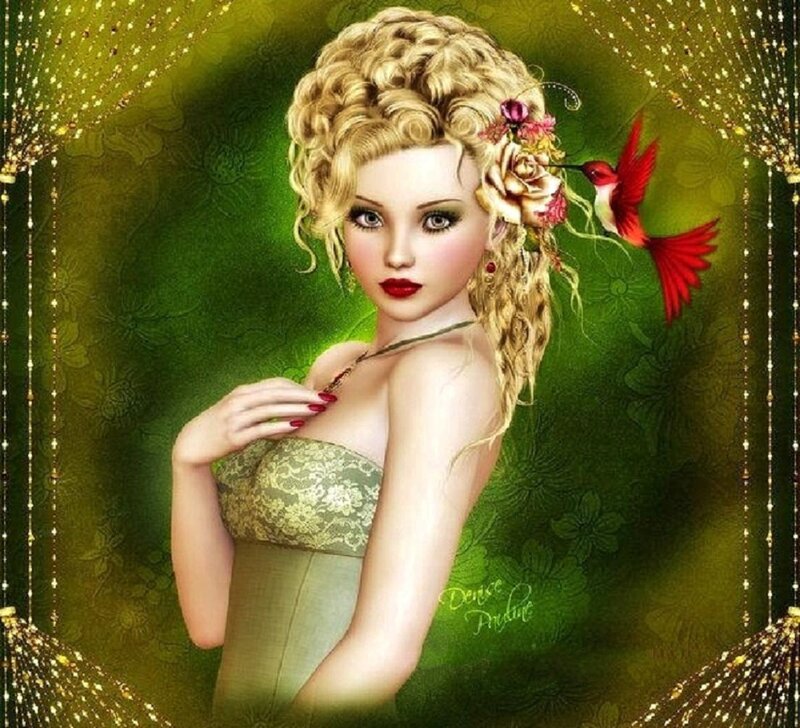 Woman with Blonde Hair — Green, Dramatic, Digital Art, Bird