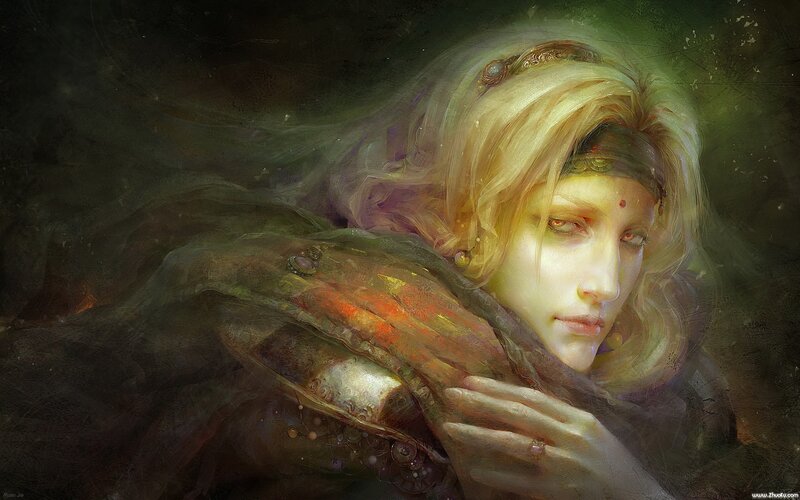 Woman with Blonde Hair — Green, Dramatic, Digital Art, Headband