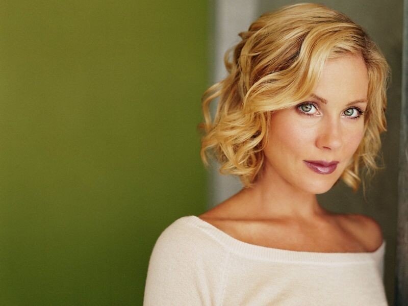 Woman with Blonde Hair — Green, Neutral, Photograph, Green Wall