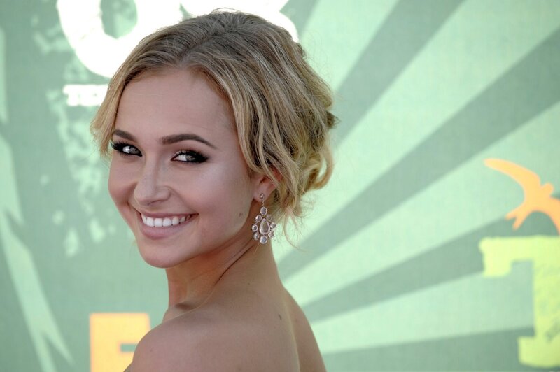 Woman with Blonde Hair — Green, Smiling, Photograph, Earrings, Makeup