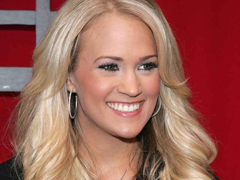 Woman with Blonde Hair — Happy, Photograph, Earrings, Smile, Red Background, Red