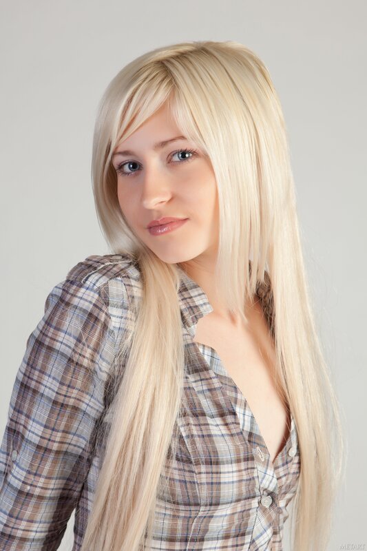 Woman with Blonde Hair — Neutral, Photograph, Plaid Shirt, Long Hair