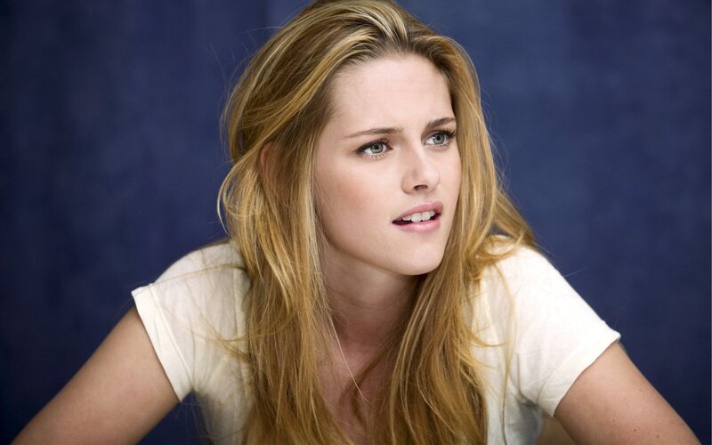 Woman with Blonde Hair — Neutral, Photograph, White T-shirt, Blue Background, Blue