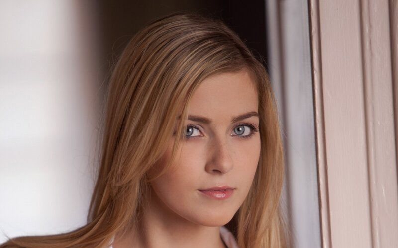 Woman with Blonde Hair — Neutral, Photograph, Window, Blue