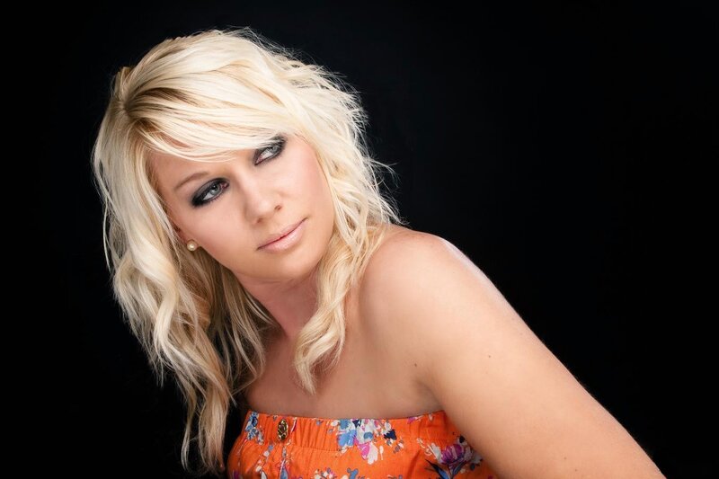 Woman with Blonde Hair — Orange, Dramatic, Photograph, Floral Top
