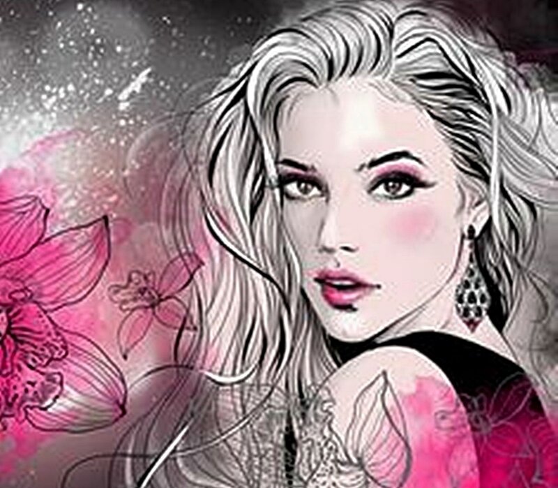 Woman with Blonde Hair — Pink, Dramatic, Digital Art, Flowers