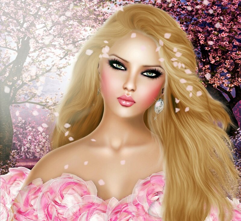Woman with Blonde Hair — Pink, Serene, Spring, Digital Art, Cherry Blossoms