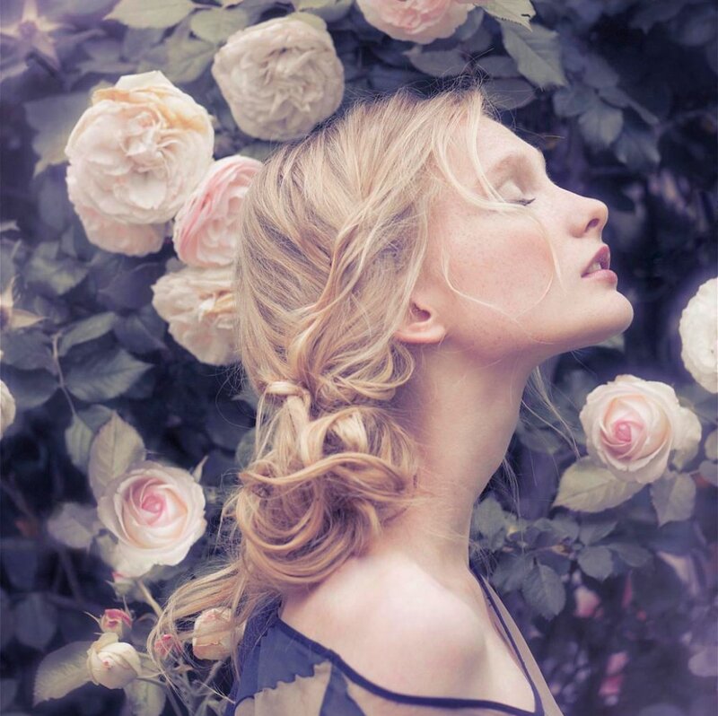 Woman with Blonde Hair — Pink, Serene, Spring, Photograph, Roses
