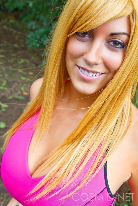 Woman with Blonde Hair — Pink, Smiling, Afternoon