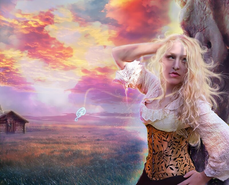 Woman with Blonde Hair — Purple, Dramatic, Sunset, Digital Art