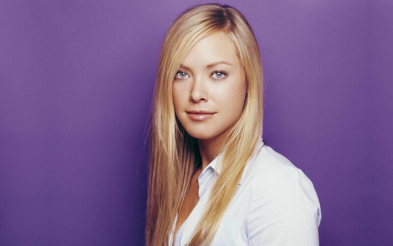 Woman with Blonde Hair — Purple, Neutral, Photograph, Blonde Hair, White Shirt