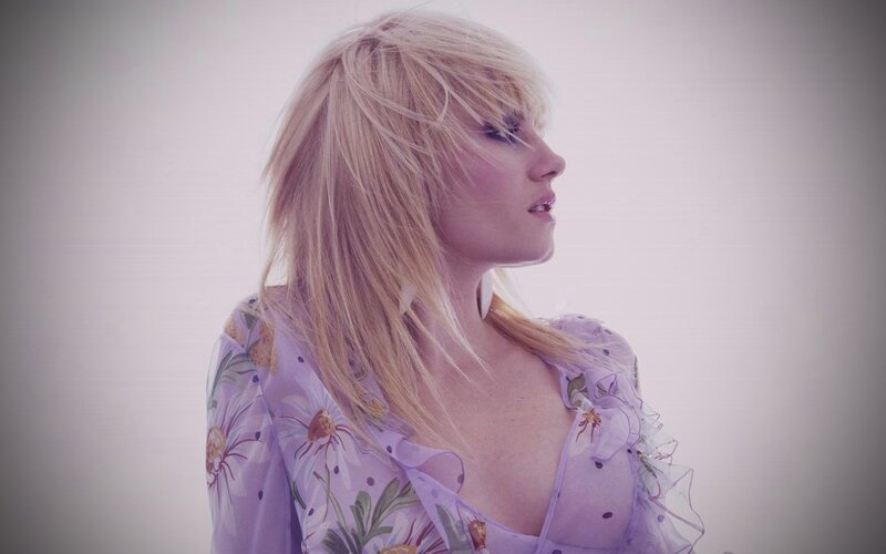 Woman with Blonde Hair — Purple, Serene, Photograph, Blonde Hair, Floral Shirt