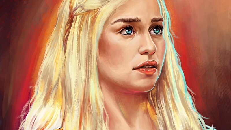 Woman with Blonde Hair — Red, Dramatic, Digital Art, Blonde Hair, Blue Eyes, Red Background