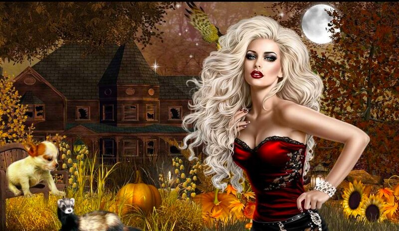 Woman with Blonde Hair — Red, Dramatic, Night, Digital Art, Pumpkin