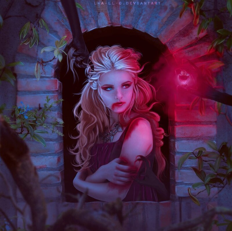 Woman with Blonde Hair — Red, Dramatic, Night, Digital Art