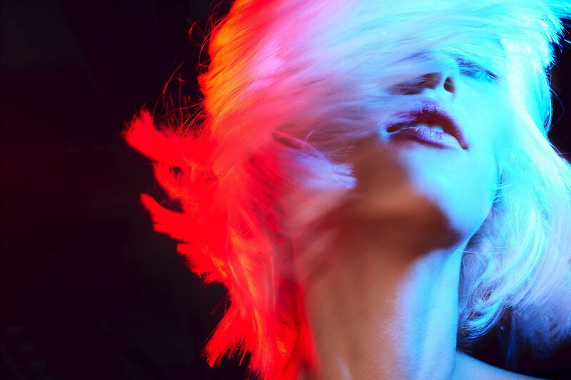 Woman with Blonde Hair — Red, Dramatic, Night, Photograph, Face