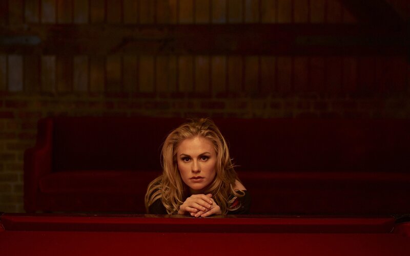 Woman with Blonde Hair — Red, Dramatic, Night, Photograph