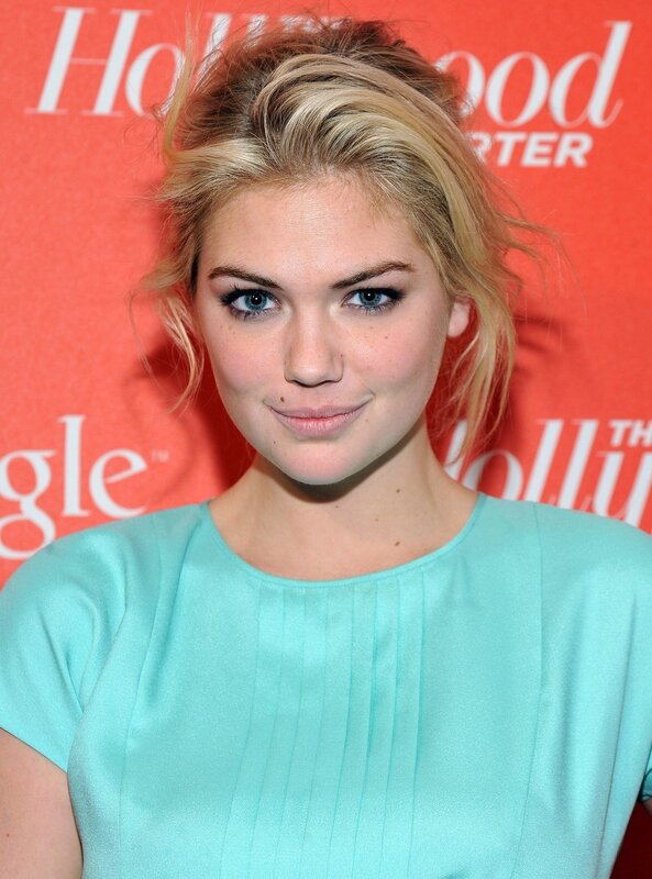 Woman with Blonde Hair — Red, Neutral, Photograph, Red Backdrop, Light Blue Dress
