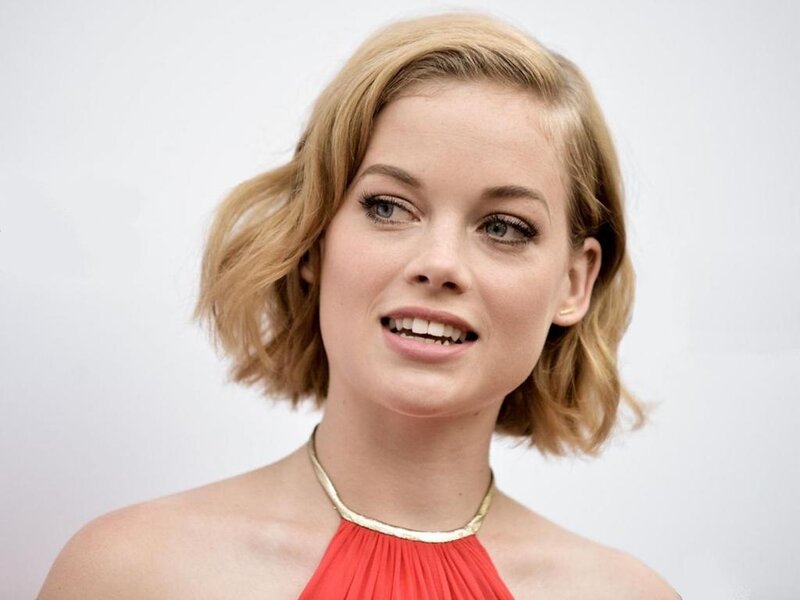 Woman with Blonde Hair — Red, Neutral, Photograph, Red Dress, Gold Necklace
