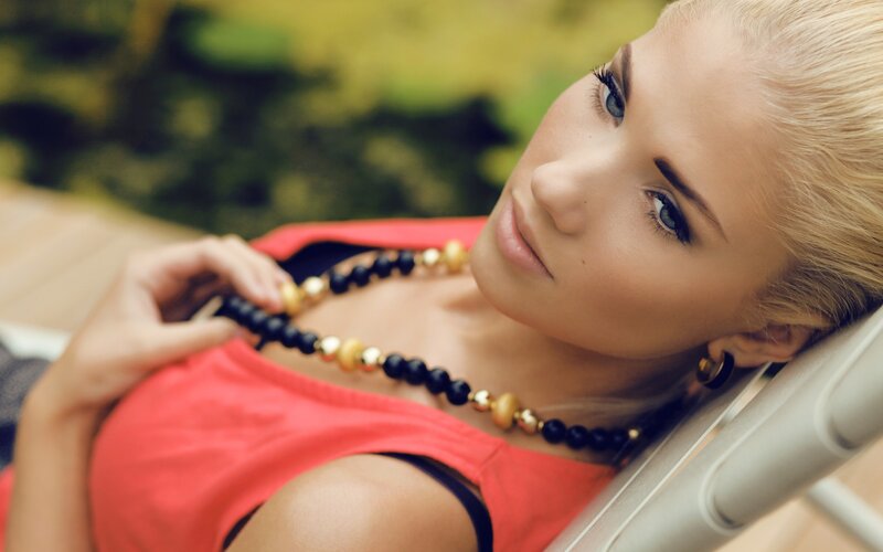 Woman with Blonde Hair — Red, Relaxed, Afternoon, Photograph