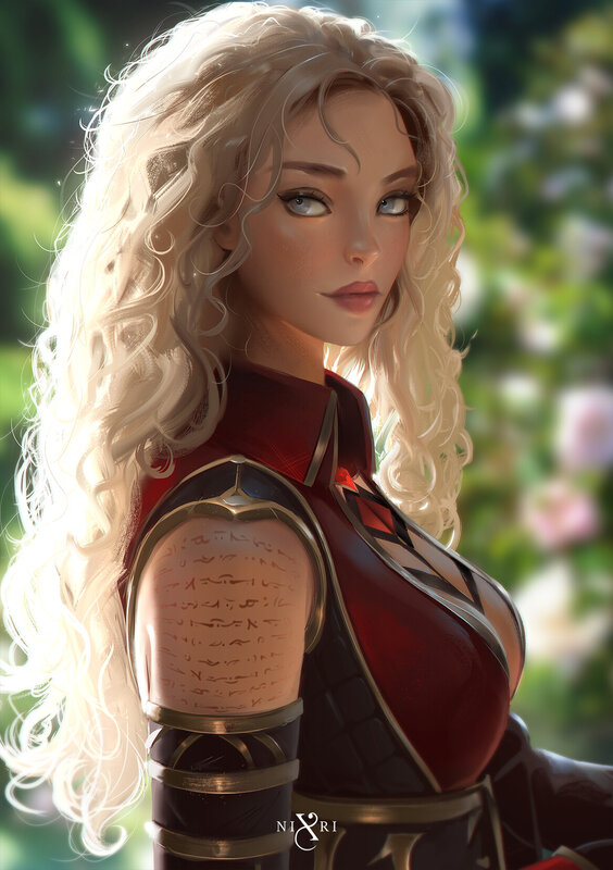 Woman with Blonde Hair — Red, Serene, Afternoon