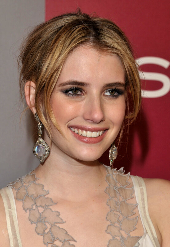 Woman with Blonde Hair — Red, Smiling, Photograph, Earrings, Dress