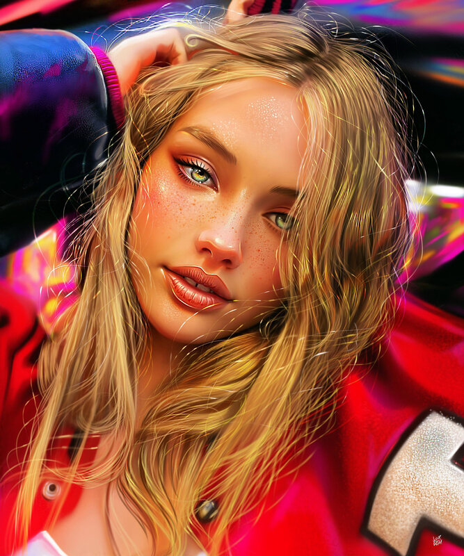 Woman with Blonde Hair — Red, Vibrant, Digital Art
