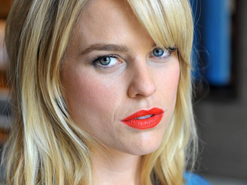 Woman with Blonde Hair — Serious, Photograph, Red Lipstick, Blue Eyes, Blonde Hair