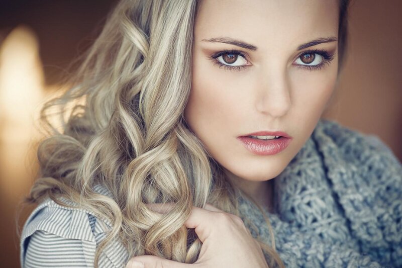 Woman with Blonde Hair — Serious, Photograph, Scarf