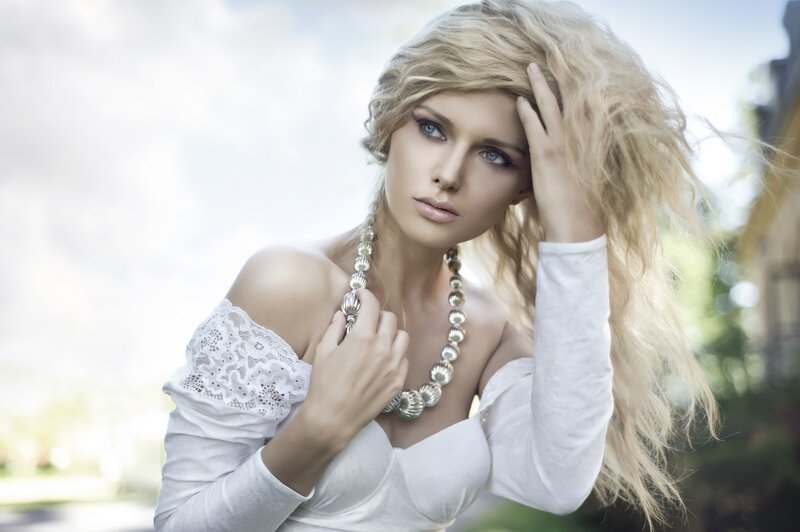Woman with Blonde Hair — White, Dramatic, Afternoon, Photograph, Necklace